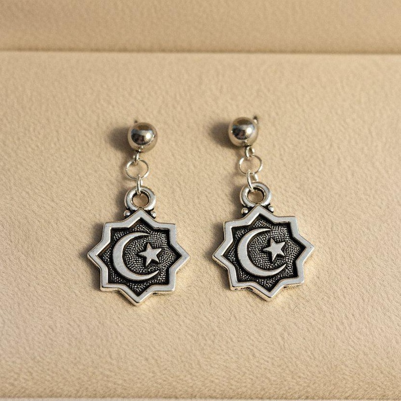 Crescent Moon/Star Charm Drop Stud Earrings-Silver - - LadybugfeetDesigns -