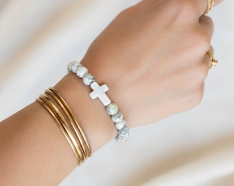 Earthy Green Ivory Beaded Cross Stretch bracelet