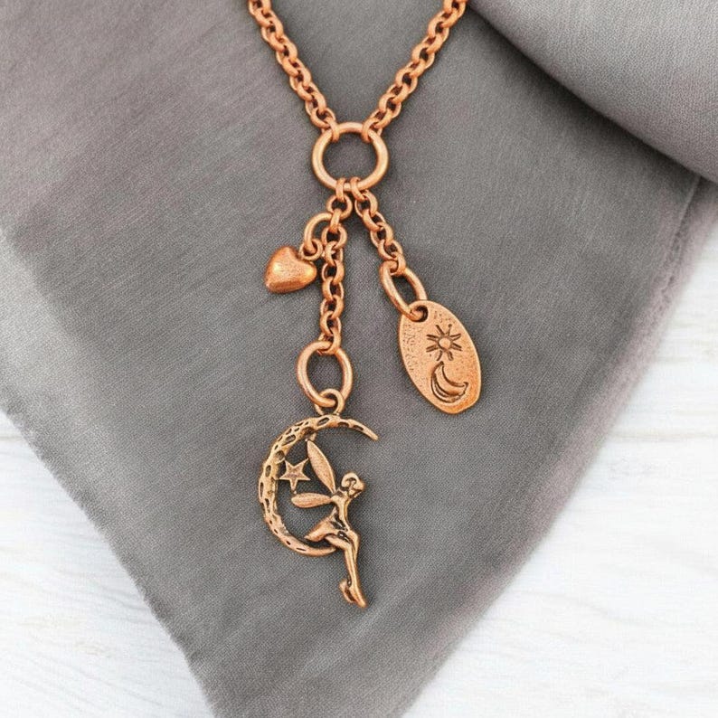Fairy Moon Copper Charm Keeper Necklace, 18-24 inch - - LadybugfeetDesigns -