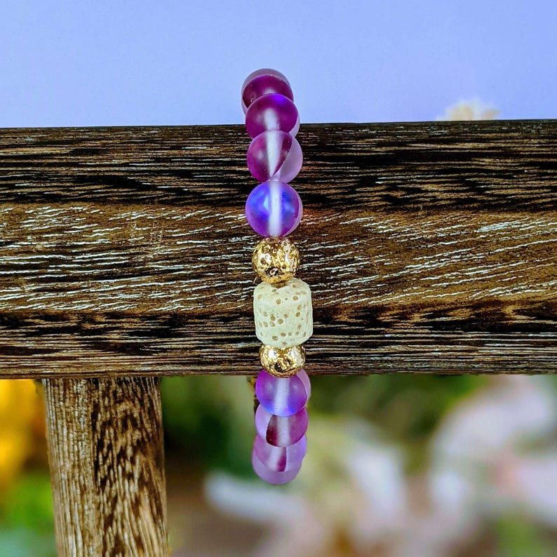 Iridescent Purple Mystic Aura Quartz Gemstone Diffuser bracelet - - LadybugfeetDesigns -