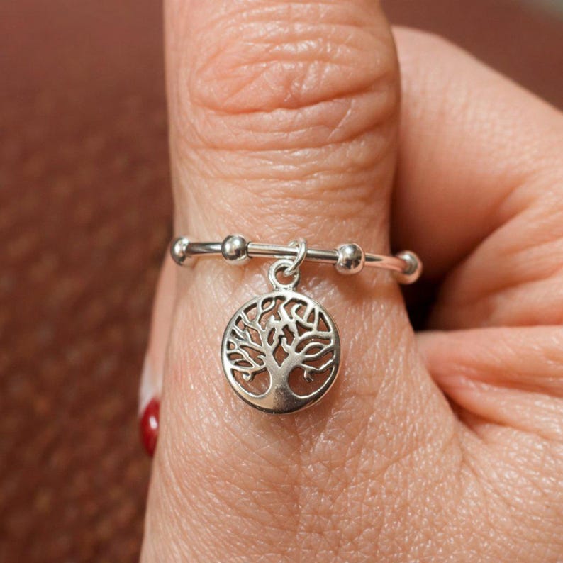 Sterling Silver Tree of Life Adjustable Charm Ring - - LadybugfeetDesigns -
