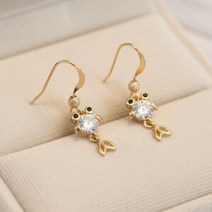 14K Gold CZ Goldfish Koi dangle earrings - - LadybugfeetDesigns -