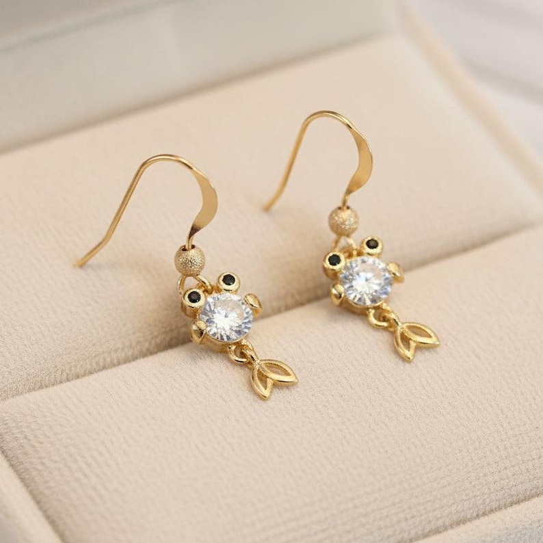 14K Gold CZ Goldfish Koi dangle earrings - - LadybugfeetDesigns -
