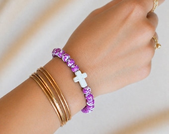 Mauve Ivory Perlen Kreuz Stretch Armband