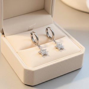 Sparkly CZ Star Hoop earrings, Silver - 10mm - - LadybugfeetDesigns -