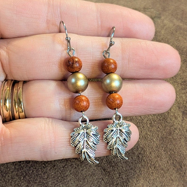 Pretty Leaf Beaded Hook Earrings, Silver - - LadybugfeetDesigns -