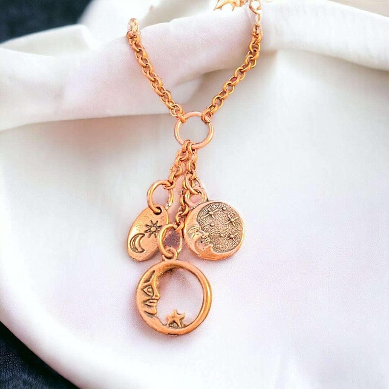 Crescent Moon Copper Charm Keeper Necklace, 18-24 inch - - LadybugfeetDesigns -