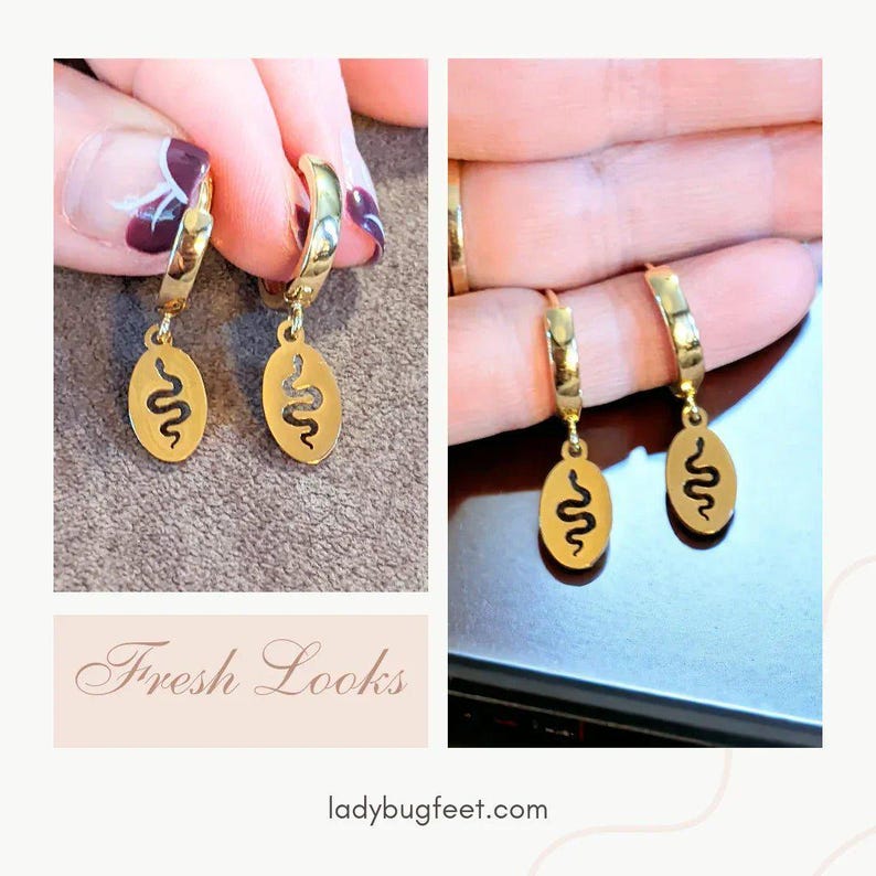 Gold Snake Hoop earrings, 16mm Hoop Drop - - LadybugfeetDesigns -