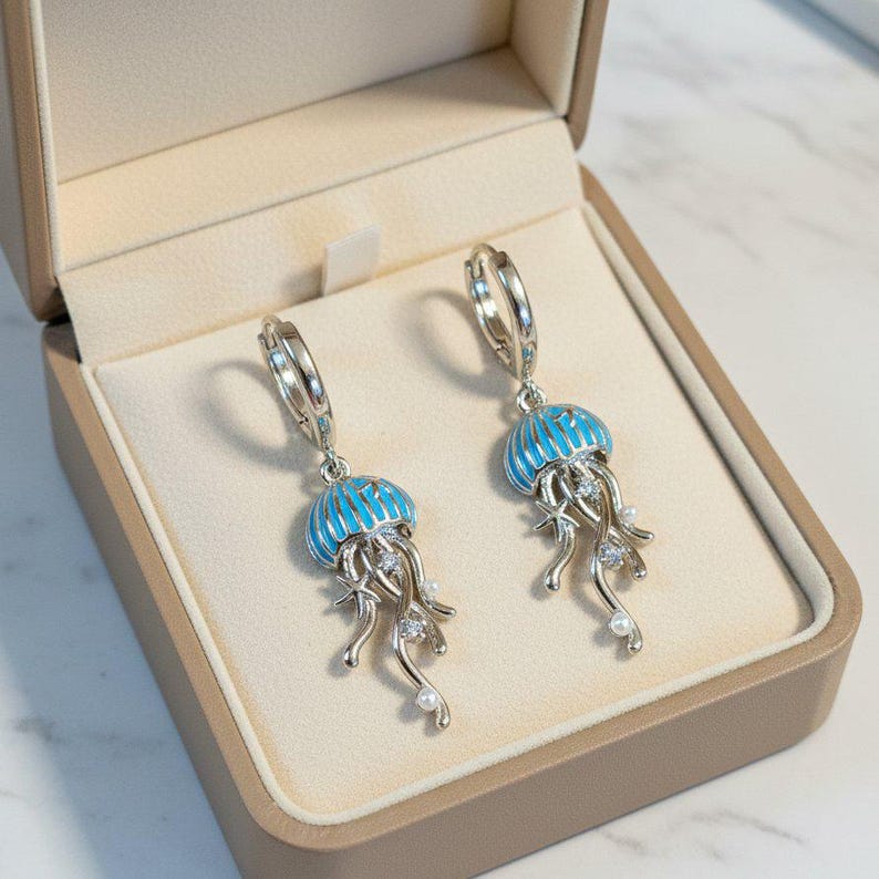 Jellyfish Huggie Hoop earrings, Silver - 15mm - - LadybugfeetDesigns -