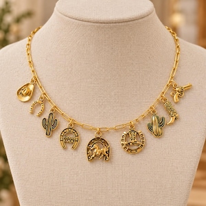 Wild West Multi Charm Link Necklace, Gold- 20 inch - - LadybugfeetDesigns -