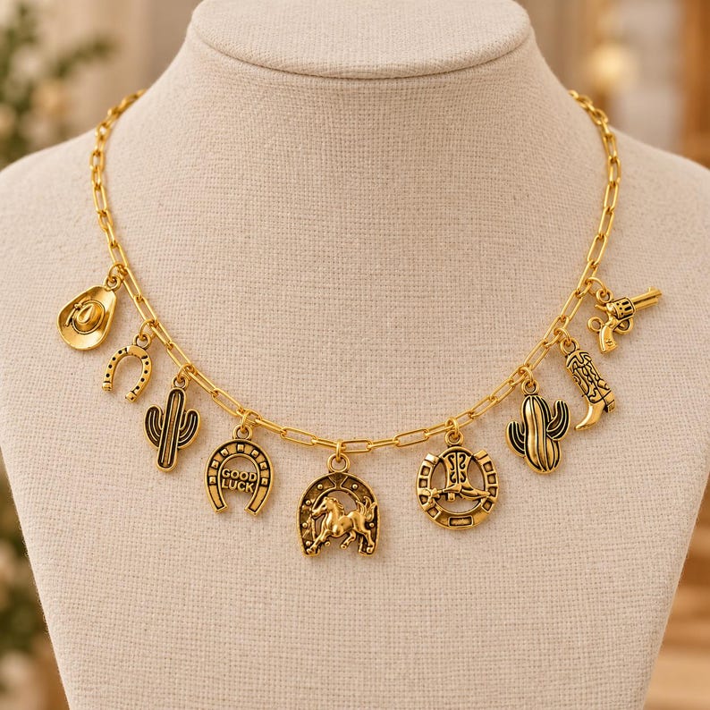 Wild West Multi Charm Link Necklace, Gold- 20 inch - - LadybugfeetDesigns -