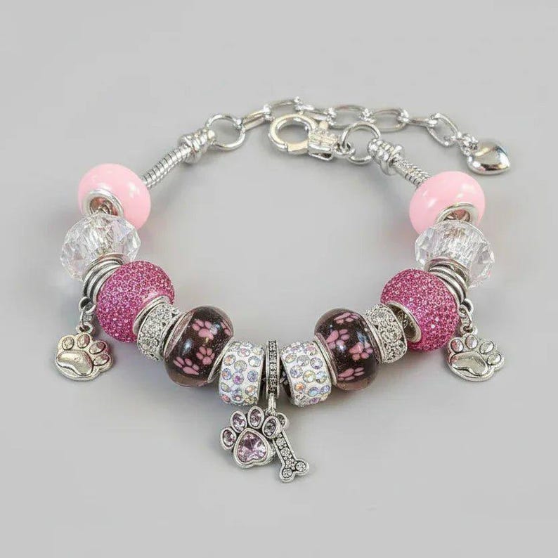 Dog Paw European beaded bracelet - Silver - - LadybugfeetDesigns -