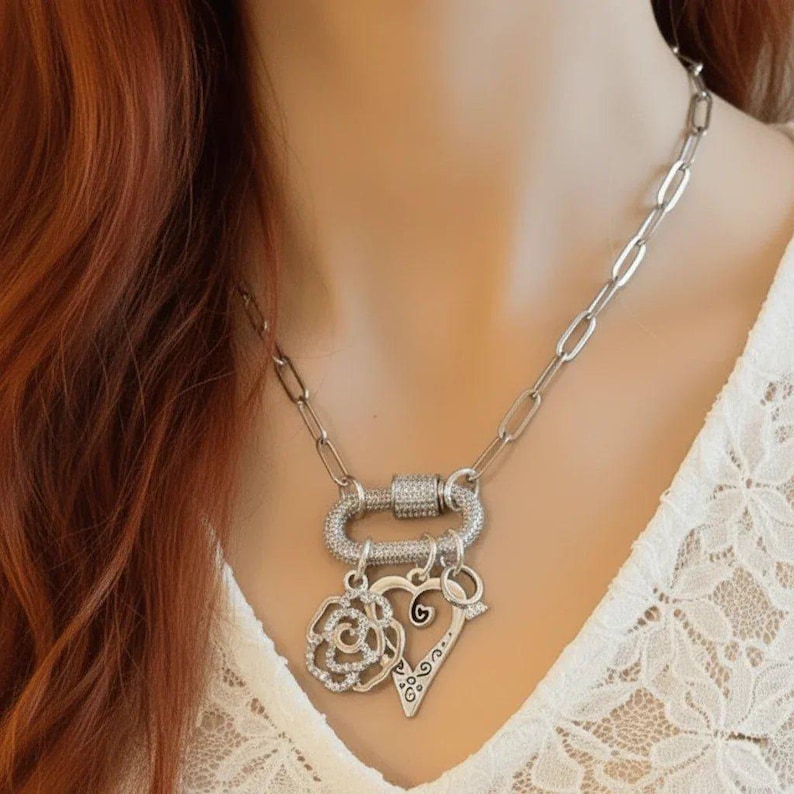 Romantic Rose, Heart, Diamond Ring Carabiner Necklace, Silver - 20 inch - - LadybugfeetDesigns -