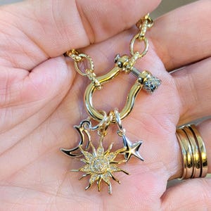 Gold CZ Sun and Silver Moon and Star Shackle Clasp Carabiner Necklace, Gold - 20 inch - - LadybugfeetDesigns -