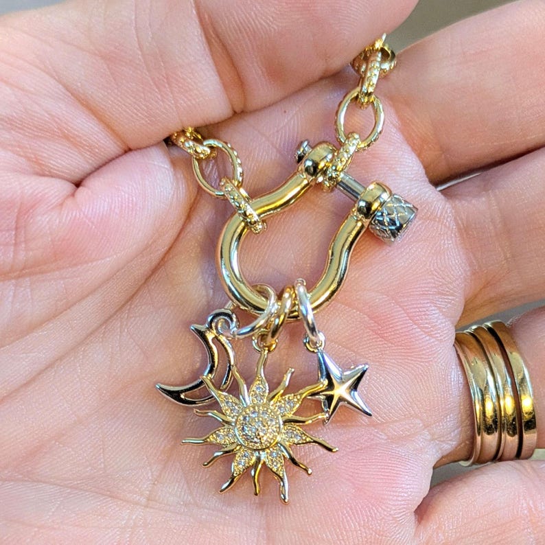 Gold CZ Sun and Silver Moon and Star Shackle Clasp Carabiner Necklace, Gold - 20 inch - - LadybugfeetDesigns -