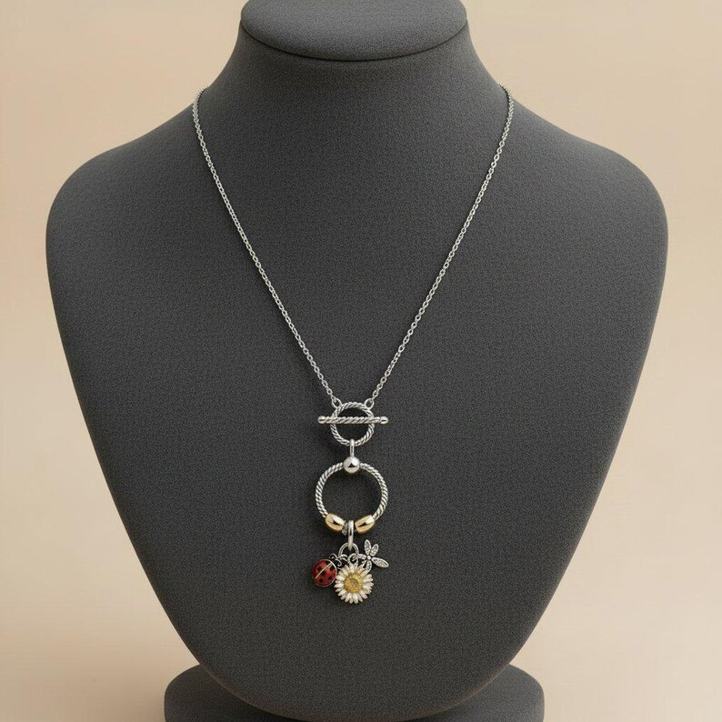 Garden Party Sterling Silver Toggle Charm Necklace, 20 inches - - LadybugfeetDesigns -