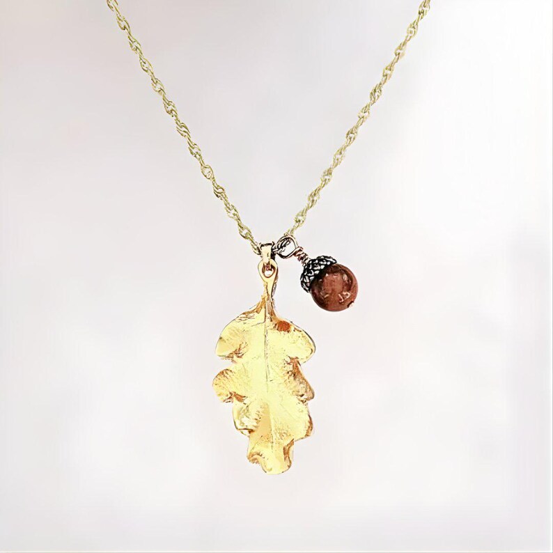 Moonstone Acorn Oak Leaf Necklace, Gold - - LadybugfeetDesigns -