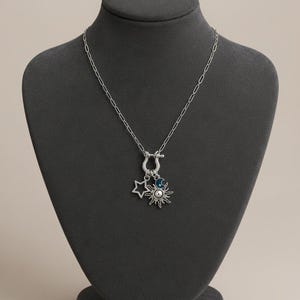 Fiery Sun, Blue Moon and Star Shackle Clasp Carabiner Necklace, Silver - Adjusts up to 20 inches - - LadybugfeetDesigns -