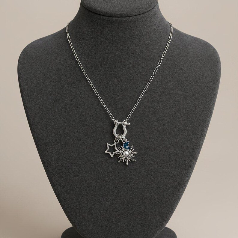 Fiery Sun, Blue Moon and Star Shackle Clasp Carabiner Necklace, Silver - Adjusts up to 20 inches - - LadybugfeetDesigns -