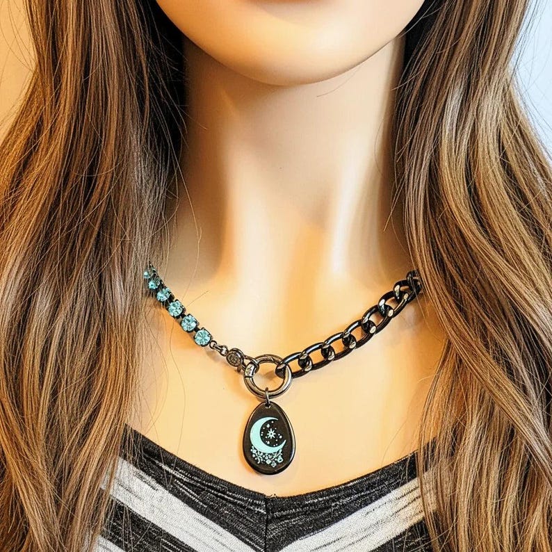 Black and Crystal Crescent Moon Snap Ring Necklace - 24 inch