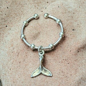 Sterling Silver Whale Tail Adjustable Charm Ring - - LadybugfeetDesigns -