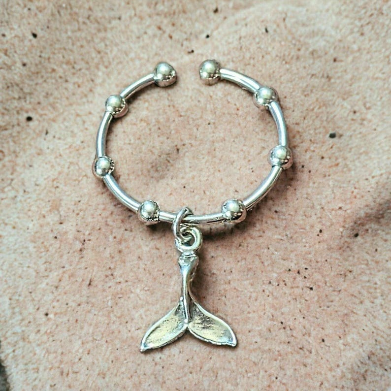 Sterling Silver Whale Tail Adjustable Charm Ring - - LadybugfeetDesigns -