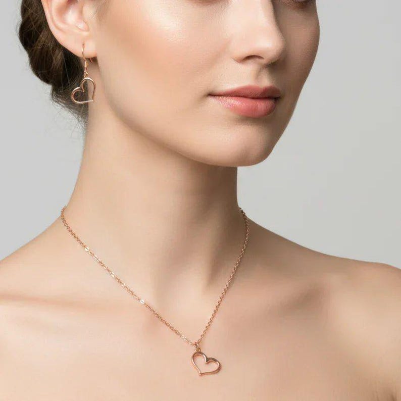 Open Heart necklace and earring set, Rose-Gold - 18 inch - - LadybugfeetDesigns -