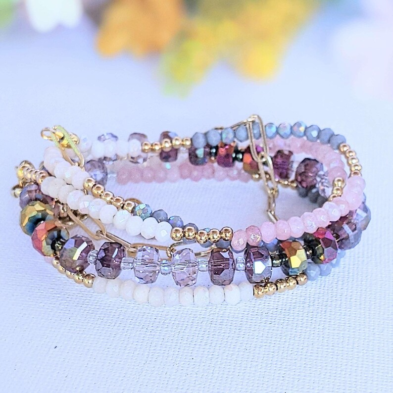 Pink Champagne Crystal Beaded Endless wrap bracelet - - LadybugfeetDesigns -