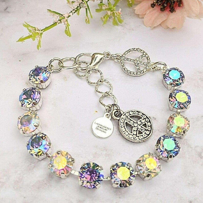 Peace Sign Faceted Crystal Bracelet - - LadybugfeetDesigns -