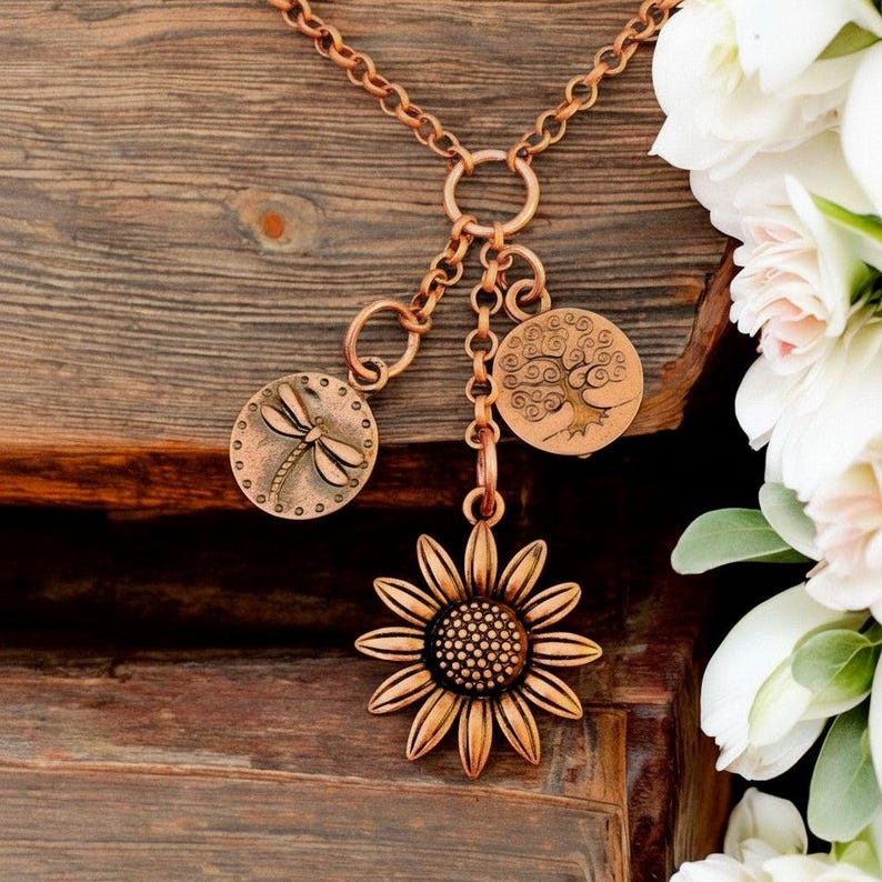 Sunflower Copper Charm Keeper Necklace, 18-24 inch - - LadybugfeetDesigns -