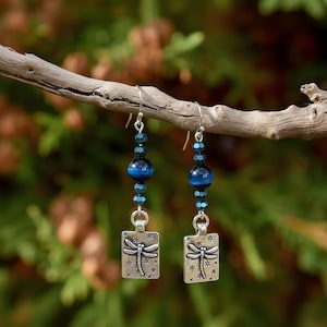 Blue Tiger's Eye Beaded Dragonfly Earrings - - LadybugfeetDesigns -