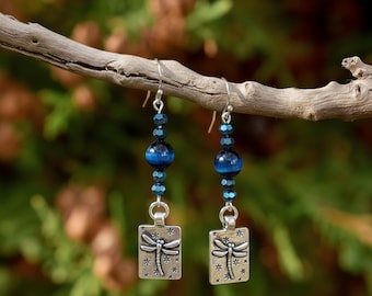 Blue Tiger's Eye Beaded Dragonfly Earrings