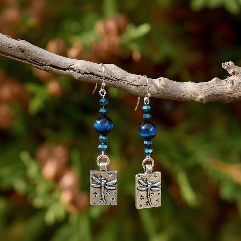 Blue Tiger's Eye Beaded Dragonfly Earrings - - LadybugfeetDesigns -