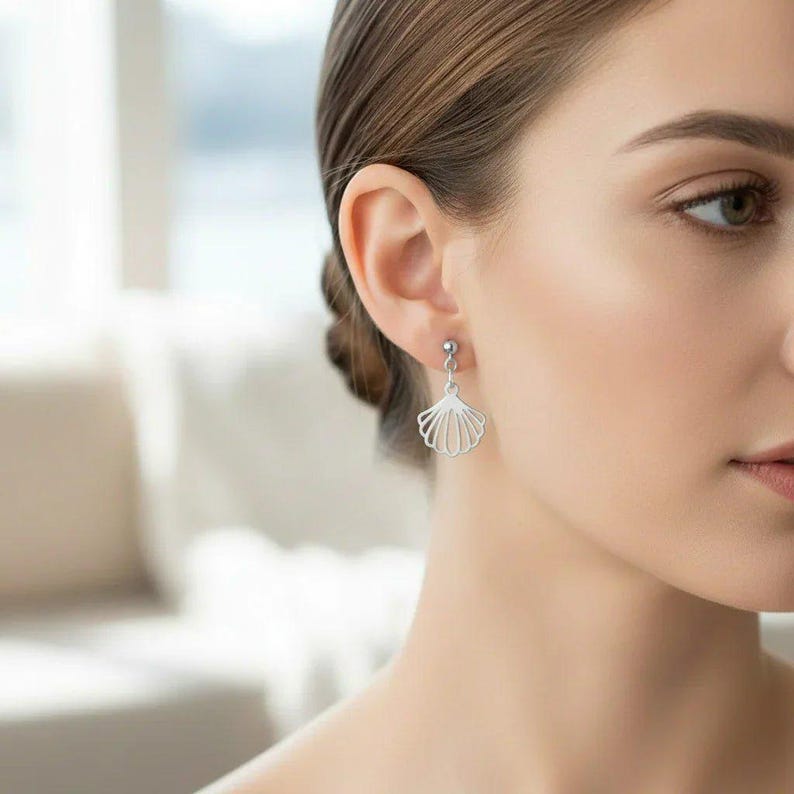 Sea Scallop Charm Drop Stud Earrings-Silver - - LadybugfeetDesigns -