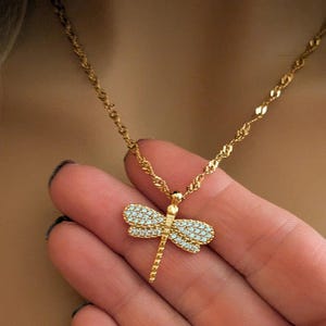 Sparkly Dragonfly necklace, Gold- 20 inch - - LadybugfeetDesigns -