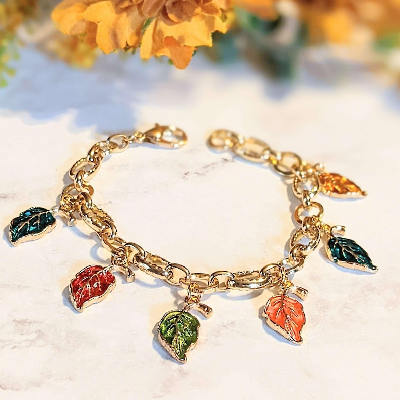 Autumn Leaves Textured Gold Chain Bracelet - - LadybugfeetDesigns -