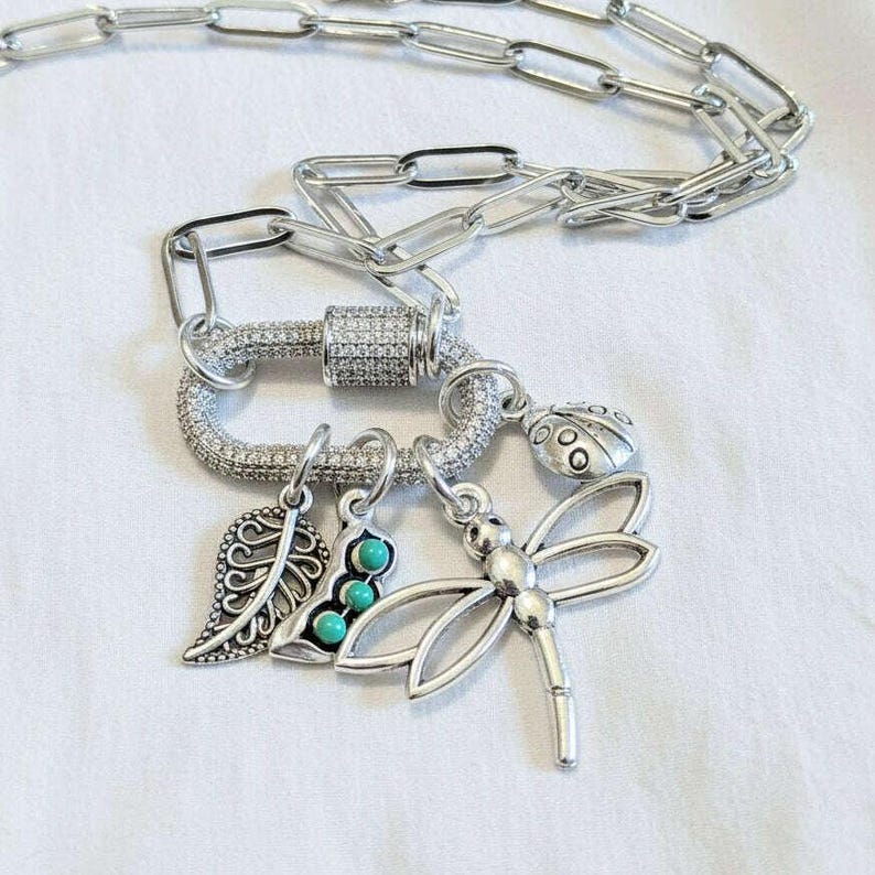 Large Dragonfly, Garden Friends Carabiner Necklace, Silver - Adjusts up to 20 inches - - LadybugfeetDesigns -