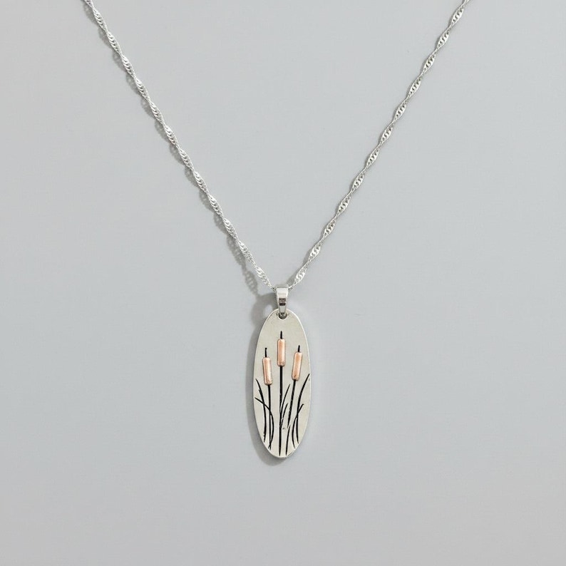 Cattail/Foxtail Pendant Necklace, Silver - - LadybugfeetDesigns -