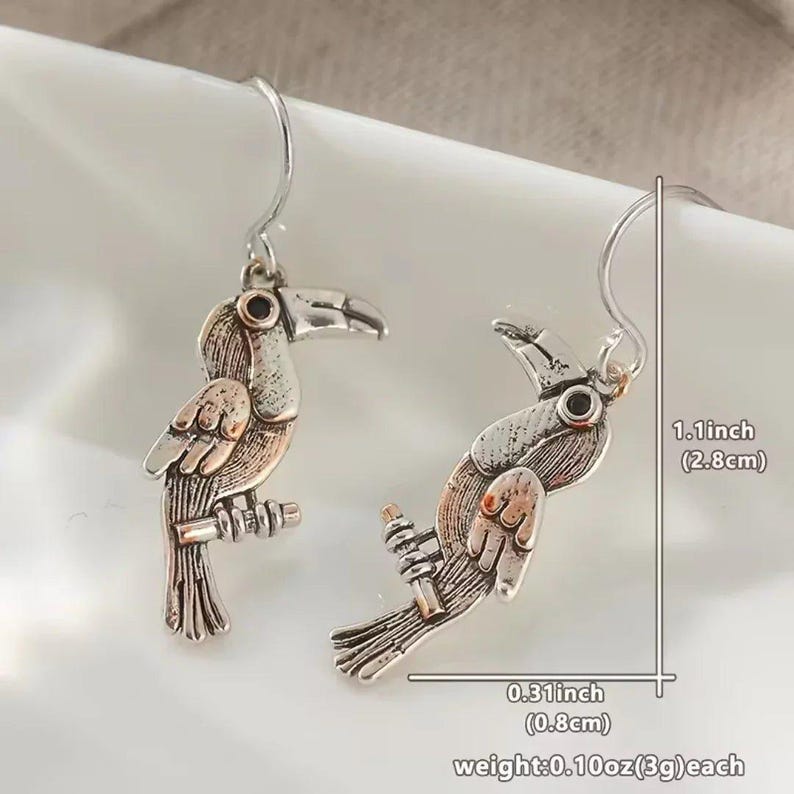 Rustic Toucan Hook Earrings, Silver - - LadybugfeetDesigns -