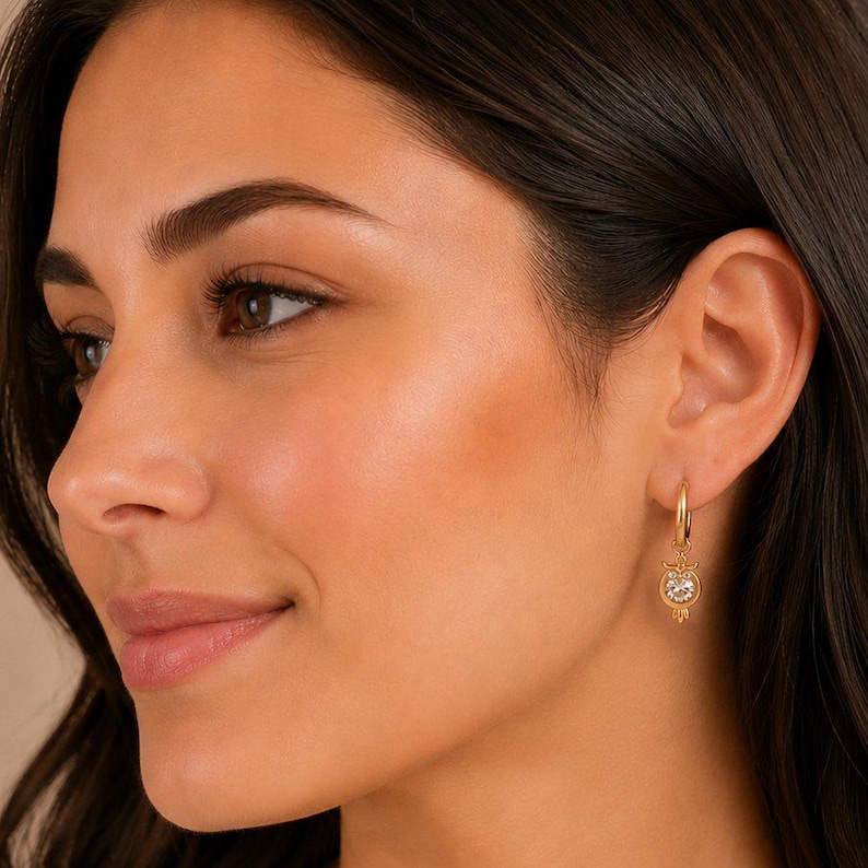 CZ Owl Hoop earrings, Gold -12mm - - LadybugfeetDesigns -