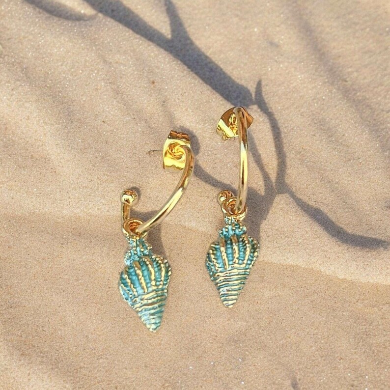 Sea Blue Conch Seashell hoop earrings, Gold - 16mm - - LadybugfeetDesigns -