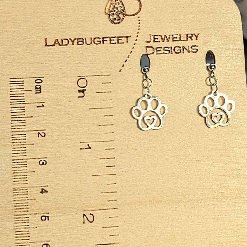 Dog Paw Charm Drop Stud Earrings-Silver - - LadybugfeetDesigns -
