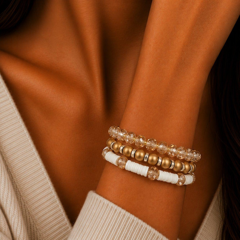 Cream & Crystals Stretch Bracelet Stack - - LadybugfeetDesigns -