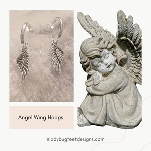 ANGEL Wing Sterling Hoop Earrings, Hoop Drop - - LadybugfeetDesigns -