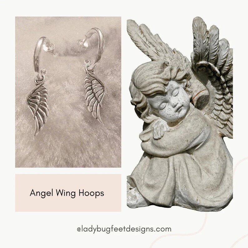 ANGEL Wing Sterling Hoop Earrings, Hoop Drop - - LadybugfeetDesigns -