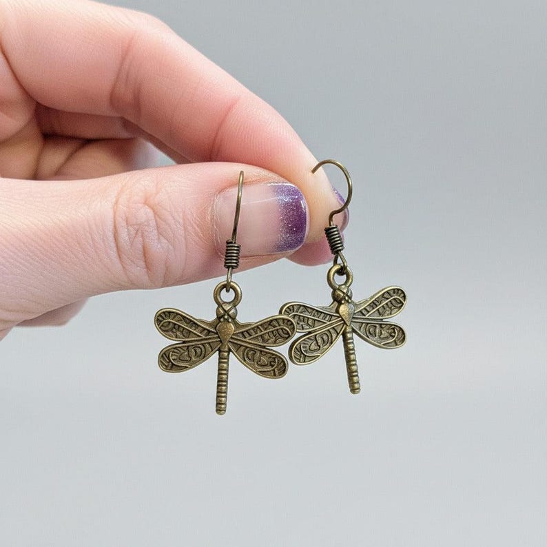 Dragonfly hook earrings, Antique Bronze - - LadybugfeetDesigns -