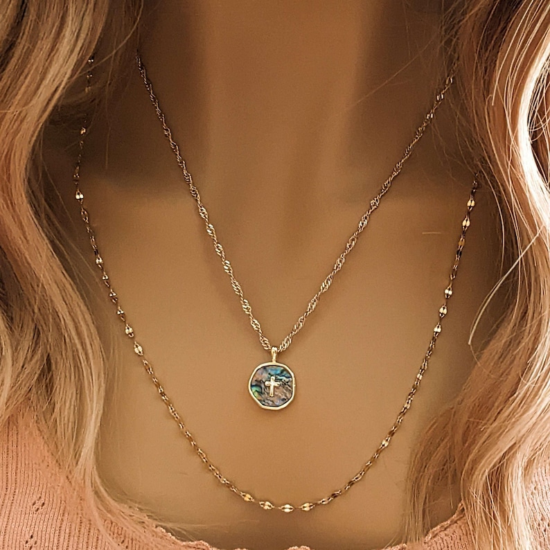 Abalone Cross Bar/Dragonfly Layered Necklace Set, Gold - - LadybugfeetDesigns -