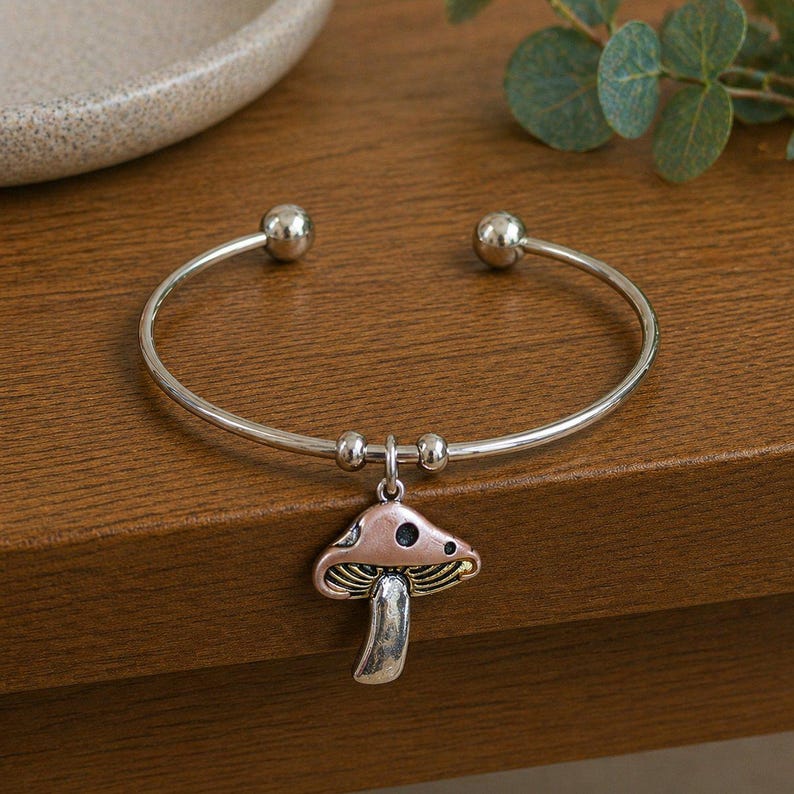 Mushroom Euro Bangle Cuff, Silver - - LadybugfeetDesigns -