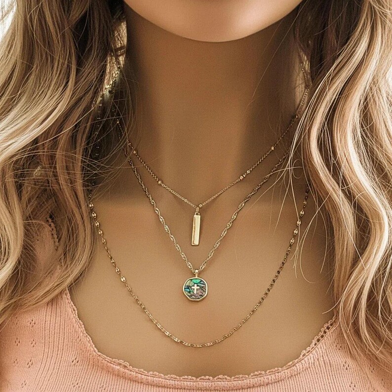Abalone Cross Bar/Dragonfly Layered Necklace Set, Gold - - LadybugfeetDesigns -