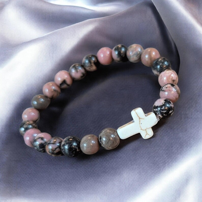 Rhodonite Pink Zebra Beaded Cross Stretch bracelet - - LadybugfeetDesigns -